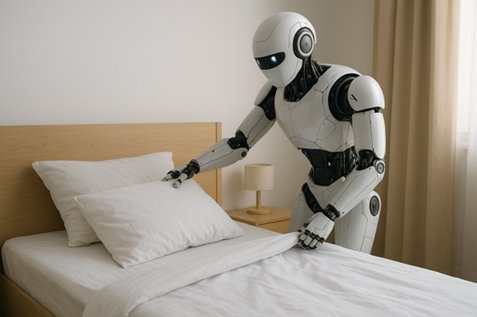 Figure 1: A humanoid robot making a bed in a hotel (source made with AI)